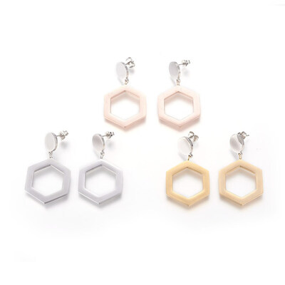 

304 Stainless Steel Dangle Stud Earrings Hexagon Mixed Color 44mm Pin 07mm