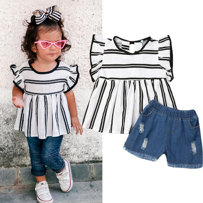 

2PCS Toddler Kids Baby Girls Clothes Outfits T-shirt Tops Denim Jeans Pants Set