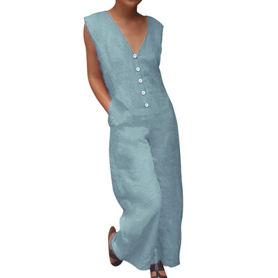 

Starmoon Women Casual Deep V Neck Sleeveless Button Overalls Rompers Jumpsuit Playsuit