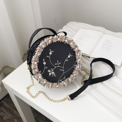 

Joker portable small round bag female 2019 new chic embroidered Sen fairy scarlet bag lace chain shoulder bag