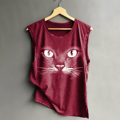 

Starmoon Fashion Womens O-Neck Cat Printing Sleeveless Vest Blouse Loose Shirt Tops