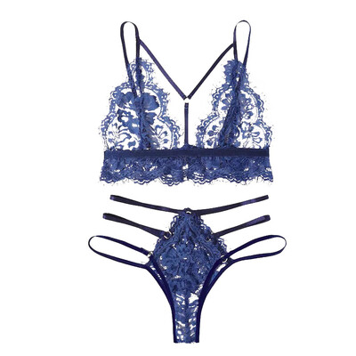 

Toponeto Sexy Women Eyelash Lace Lingerie Set Bandage Bra Thong V-Neck Underwear G-String