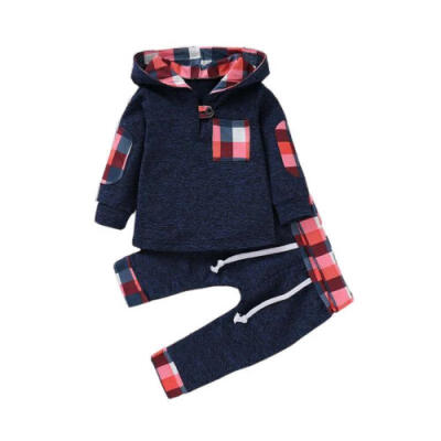 

Newborn Infant Baby Boys Plaids Pocket Hoodie SweatshirtPants Outfits Tracksuit