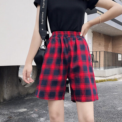 

Women Literary Summer Casual Slim Fit Stretch Elastic High Waist Loose Plaid Print Shorts брюки женские
