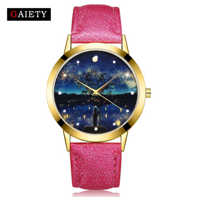 

〖Follure〗Women Fashion Starry Sky Leather Band Analog Quartz Round Wrist Watch Watches BK