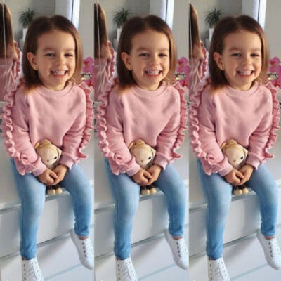 

USA 2PCS Toddler Kids Baby Girls Ruffle Tops Denim Pants Winter Outfits Clothes