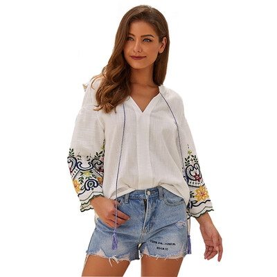 

Early autumn embroidered V-neck loose cotton linen shirt T-shirt white