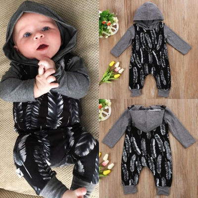 

Hoodie Newborn Baby Boys Feather Hooded Printed Bodysuit Romper Jumpsuit Playsuit Outfit Clothes