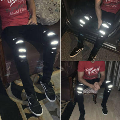 

Fashion Mens Skinny Super Stretch Fit Ripped Reflective Denim Jeans Pants Black