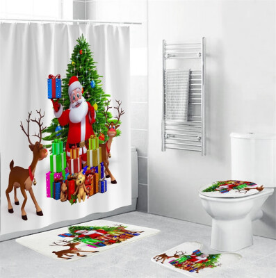 

〖Follure〗4Pcs Christmas shower Curtain Bathroom Anti-slip Carpet Rug Toilet Cover Mat Set