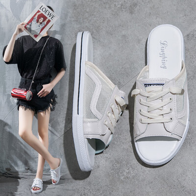 

Sandals women wear 2019 summer new fashion casual gauze student lazy half drag fish mouth slippers ins tide
