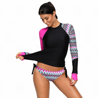 

High collar long sleeve color print with chest pad without steel support triangle Plus Size split swimsuit