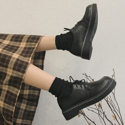 

Lower upper single shoe laced round-headed womens shoes flat sole large-headed leather shoes students shoes round-headed s