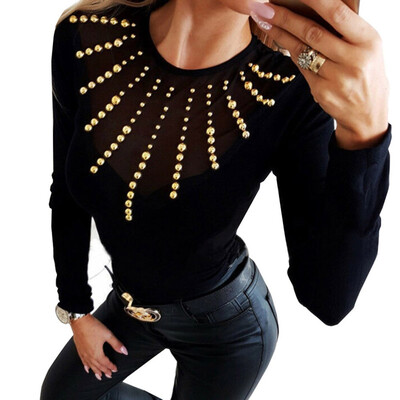 

Spring&Summer New Women Fashion Sexy Black Mesh O-neck Long Sleeve T-shirt Blouse