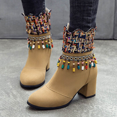 

Rose New Chunky Ankle Boots Zipper Boots National Sstyle High-Heeled Women Boots