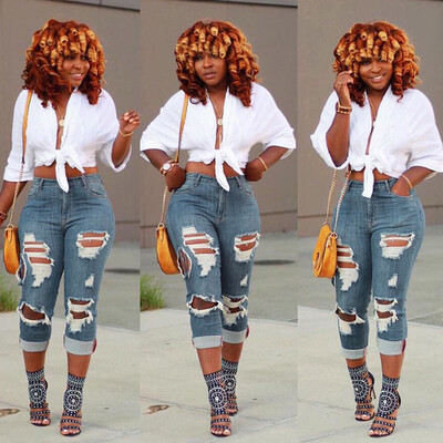 

Tailored Women Mid Waisted Hole Skinny Denim Jeans Stretch Slim Pants Calf Length Jeans
