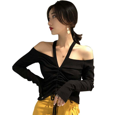 

Women Sexy Off Shoulder Crop Tops V-Neck Long Sleeve T-shirt Autumn Solid Lace up Casual Pleated T Shirt Female