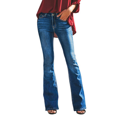 

Tailored Women Hight Waisted Hole Button Denim Jeans Stretch Flares Pants Length Jeans