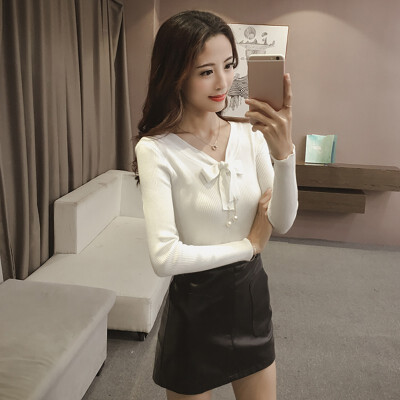 

Autumn Casual Solid Long Sleeve Women Bow Button T-Shirt Elegant V-Neck Knitted Slim Tops Knitwear