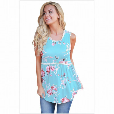 

Multi-color optional round neck sleeveless floral print hem top