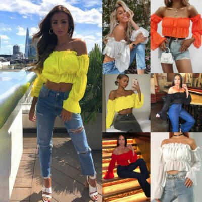 

US Women Cropped Top Sheer Tee Casual T-shirts Mesh Puff Tulle Sleeve Blouse Fit