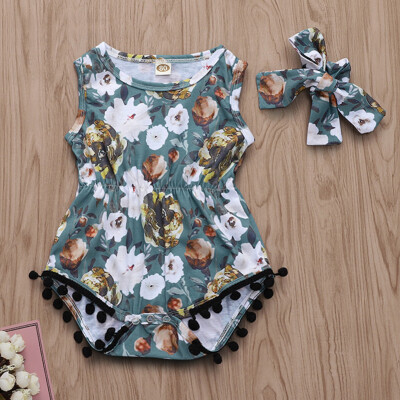 

Toddler Kid Baby Girls Floral Romper Bodysuit Outfit Headband Clothes Summer