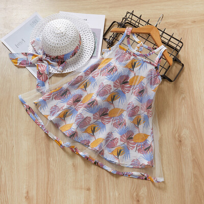 

Child Kids Baby Girls Floral Prints Feather Leaf Sleeveless Grenadine Dress Cap