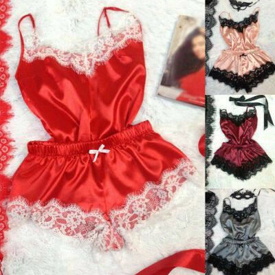 

Women Pajamas Set 2pcs Sexy Satin Lace Sleepwear Babydoll Lingerie Nightwear