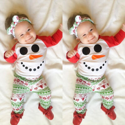 

Xmas 2PCS Christmas Newborn Baby Boys Girls Romper Jumpsuit BodysuitPants Clothes Outfits Set Snowman