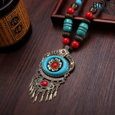 

1Pc Retro BlueRed Vintage Bohemia Bib Tibetan Silver Pendant Long Chain Sweater Necklace New High Quality Women