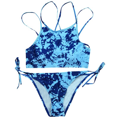 

High Neck Strappy Top Splatter Paint Padded String Bikini Set