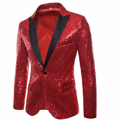 

Men V-neck One Button Blazer Suit Party Wedding Glitter Sequin Shiny Coat Jacket