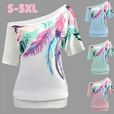 

Nomeni Fashion Women Summer Casual Print Leaky Shoulder Short Sleeve T-shirt Tops