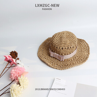 

New Parent-Child Hat Ladys Outdoor Sunscreen Sunhat Foldable Handmade Straw Hat Childrens Bow-knot Pot Cap