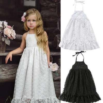 

Kids Baby Girls Dress Lace Floral Party Dress Strap Backless Solid Dress Clothes