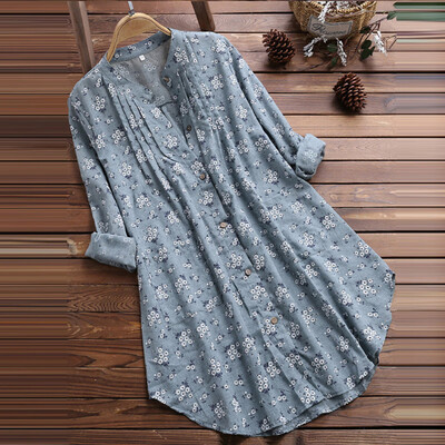 

Women Tops T-Shirt Pleated Flower Printed V-Neck Long Sleeve Casual Baggy Blouse