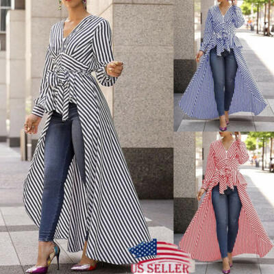 

Women Fashion High Low Asymmetrical Casual V-Neck Shirt Long Sleeve Top Blouse