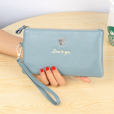 

2019 new leather cat long wallet female Europe&the United States new ultra-thin lychee grain leather zipper hand wallet