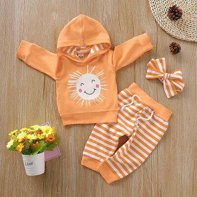 

US Newborn Baby Girl Boys Long Sleeve Top Stripe Headband Pant Autumn Sets 0-18M