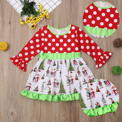 

Xmas Baby Kids Girls Cute Long Sleeve Christmas Tree Splice Polka Dot Mini Dress