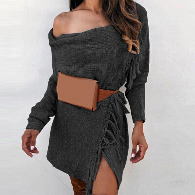 

Women Off Shoulder Knitted Sweater Jumper Dress Ladies Winter Long Pullover Tops