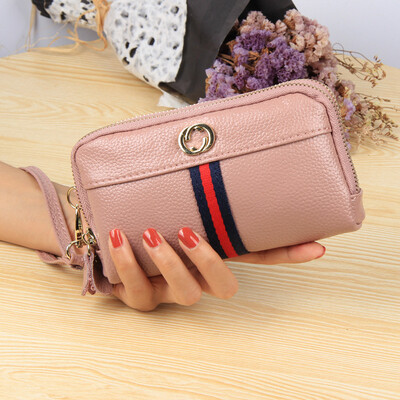 

2019 new cowhide leather European&American fashion mobile phone bag double zipper ladies clutch bag purse handbag