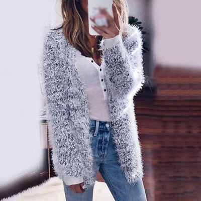 

Women Fluffy Coat Autumn Winter Loose Long Sleeve Solid Thick Warm Cardigan Tops