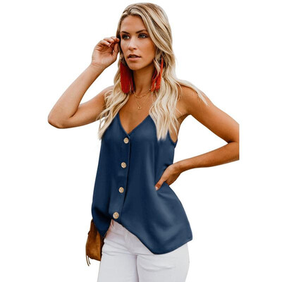 

Women Cami Top V Neckline Sleeveless Adjustable Spaghetti Strap Button Open Back Loose Sexy Club Wear