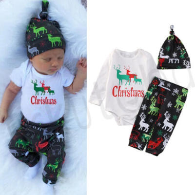 

Infant Kids Baby Boy Girl Christmas Romper Pants Hat Cotton Outfit Clothes 3PCS