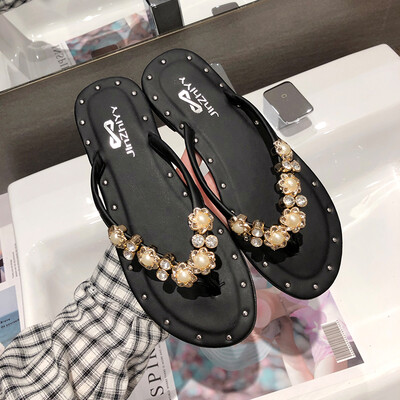 

Ins port style slippers summer Korean version 100 water drill flat foot flip character drag chic fairy