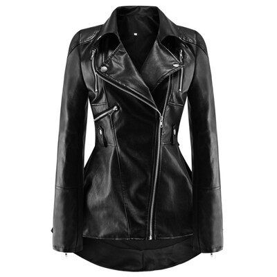 

Womens Solid Plus Size Long Sleeves Leather Jacket Lapel Collar Irregular Coat