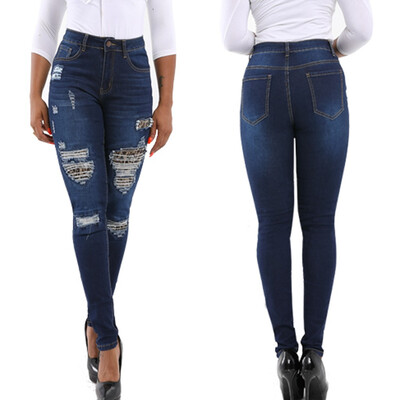 

Gobestart Women Casual Stretch Leopard Print Splice Jean Leggings Hole Trouser Pants