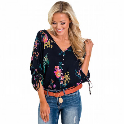 

V-neck single-breasted cropped sleeve vanilla print bohemian shirt top