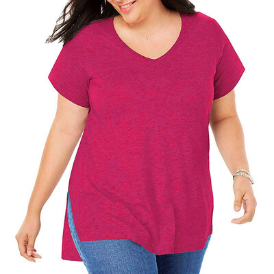 

Nomeni Womens Plus Size Casual Short Sleeve Shirt V-neck Loose Slit Shirt T-shirt